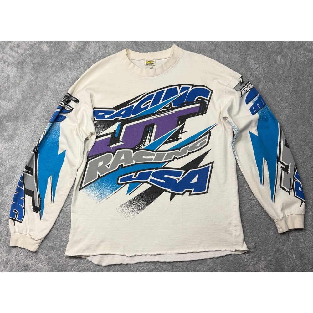 Vintage JT Racing USA Shirt Mens L White Blue‎ Long Sleeve Motocross Cotton 90s
